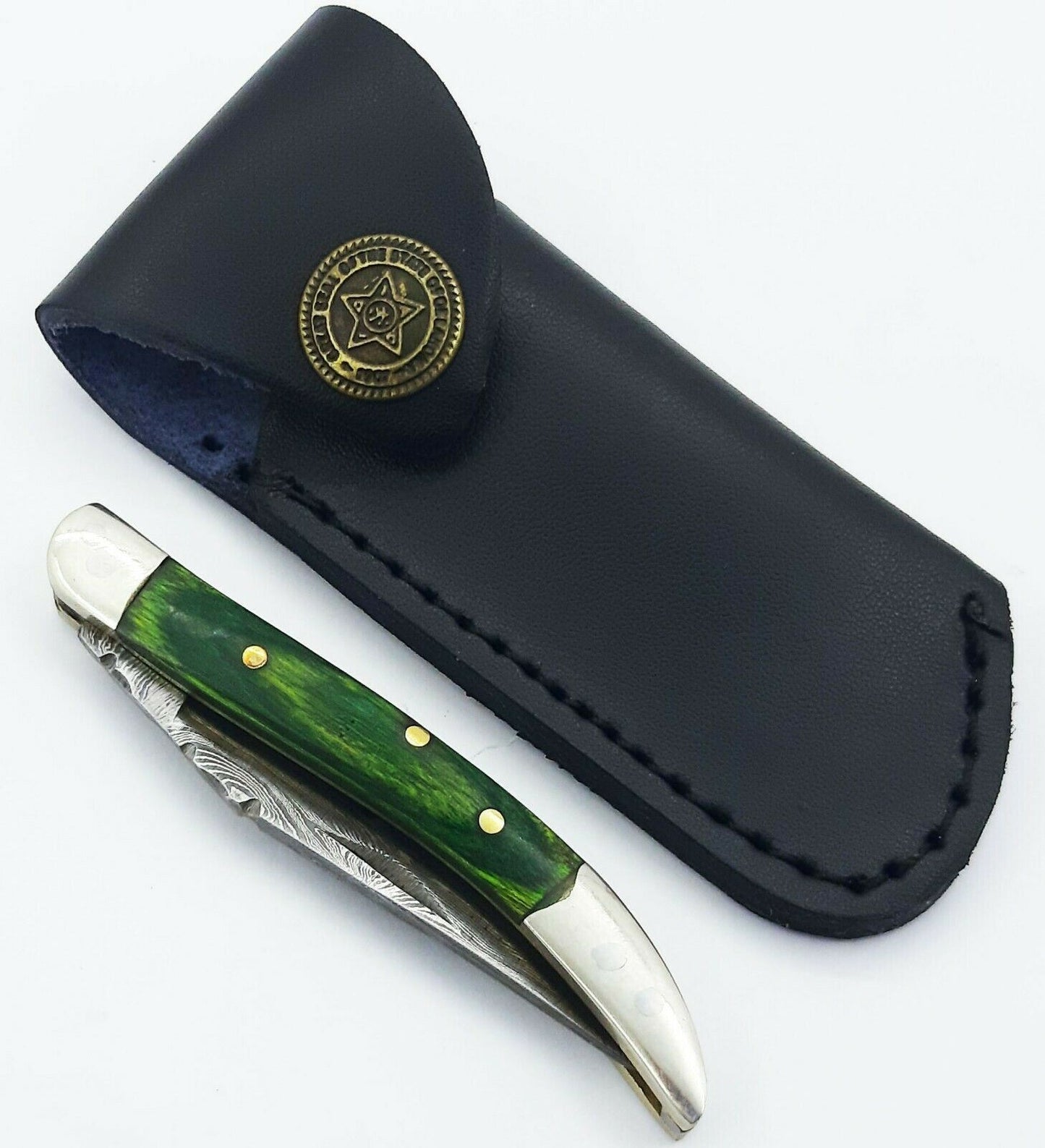 Texas Toothpick Handmade Damascus Steel Folding Pocket Knife "Green Wood Handle"