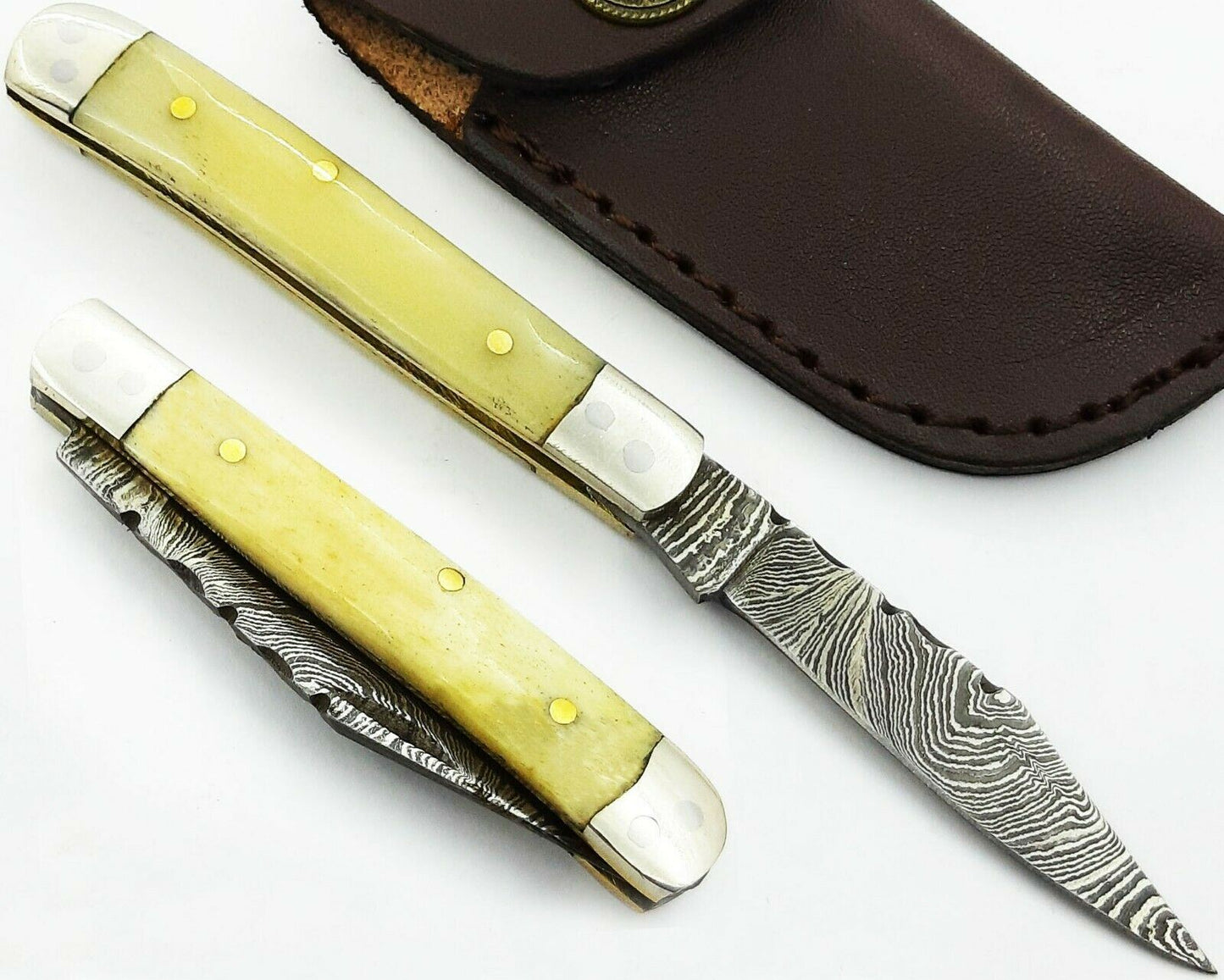 Mini Trapper Handmade Damascus Steel  Folding Pocket Knife"Bone Handle"