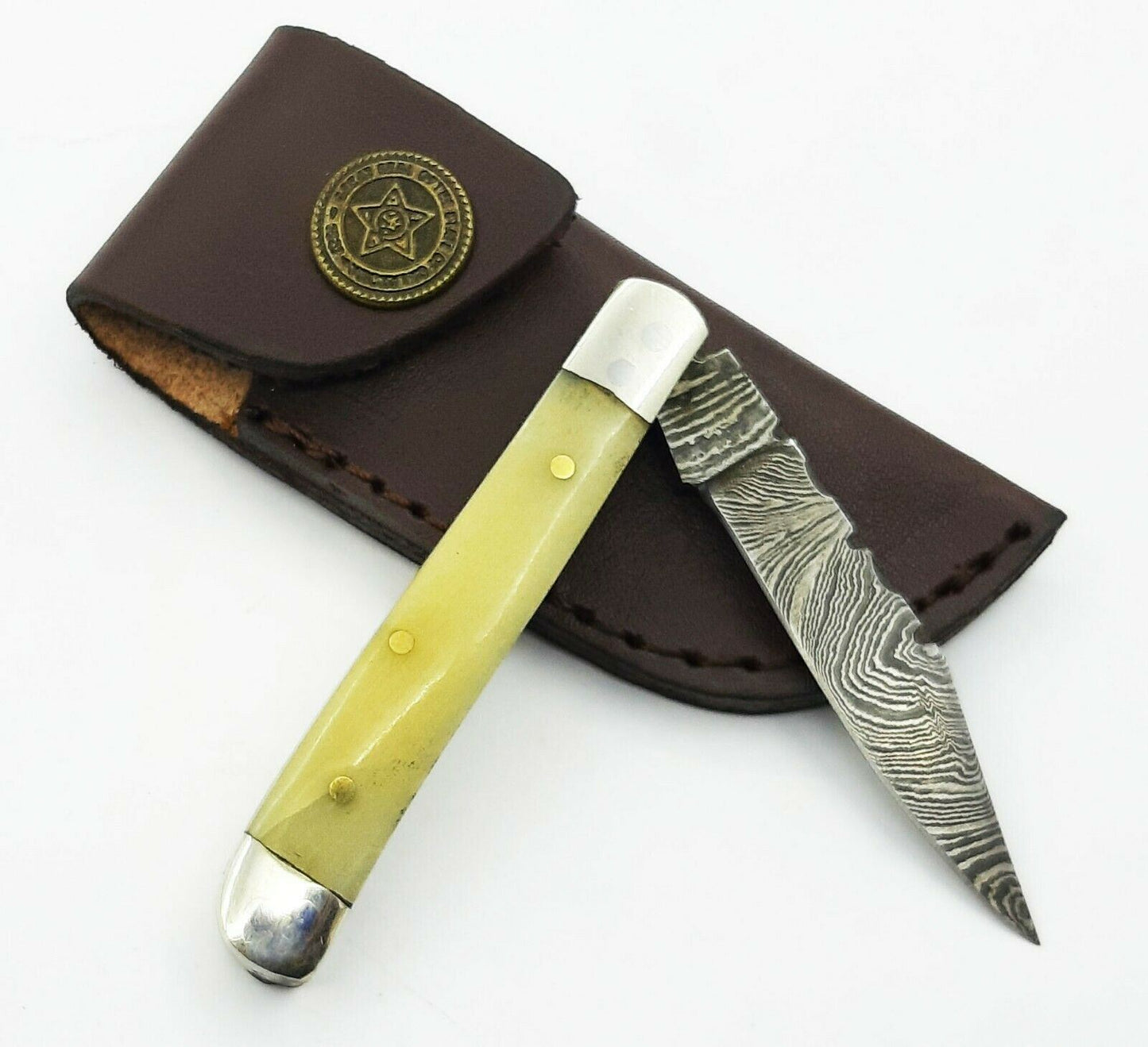 Mini Trapper Handmade Damascus Steel  Folding Pocket Knife"Bone Handle"