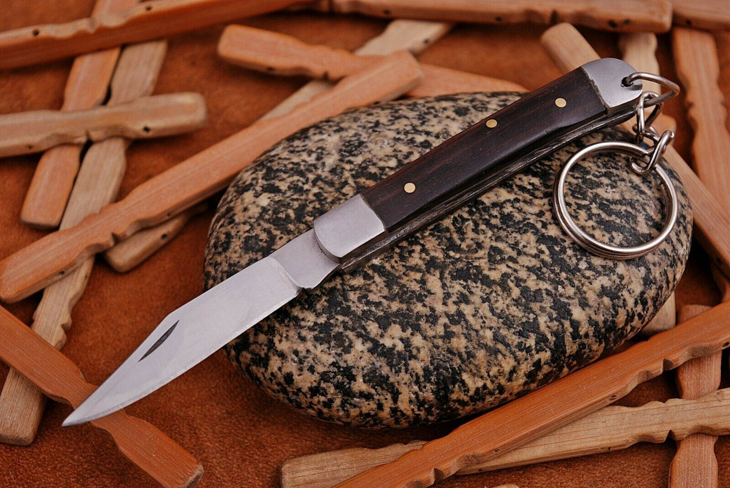 Mini Trapper Handmade Steel Folding Pocket Key Chain Knife "Rose Wood Handle"
