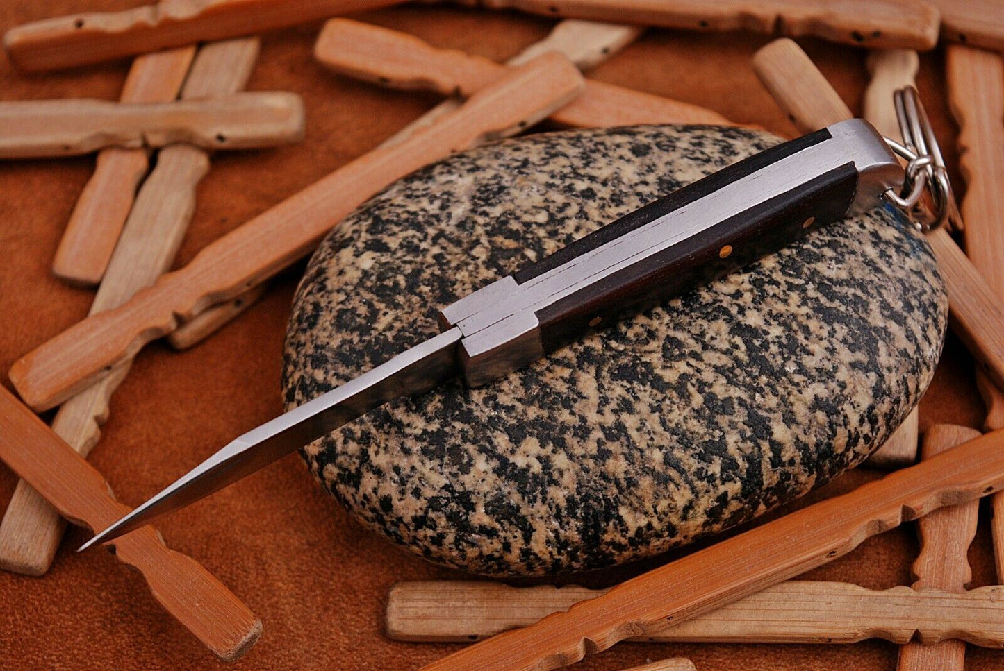Mini Trapper Handmade Steel Folding Pocket Key Chain Knife "Rose Wood Handle"