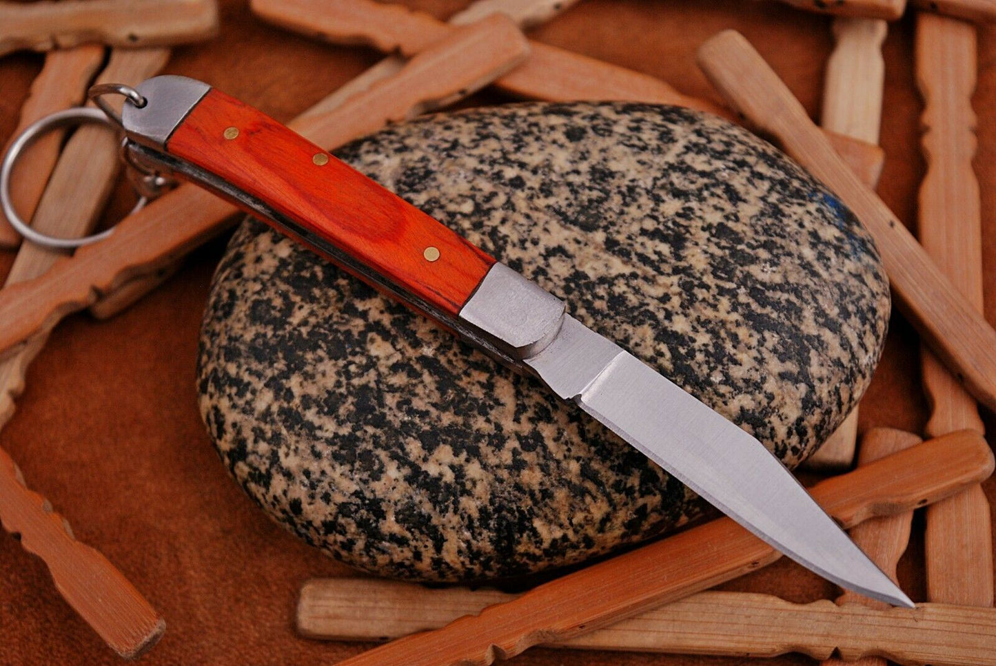 Mini Trapper Handmade Steel Folding Pocket Key Chain Knife "Orange Wood Handle"