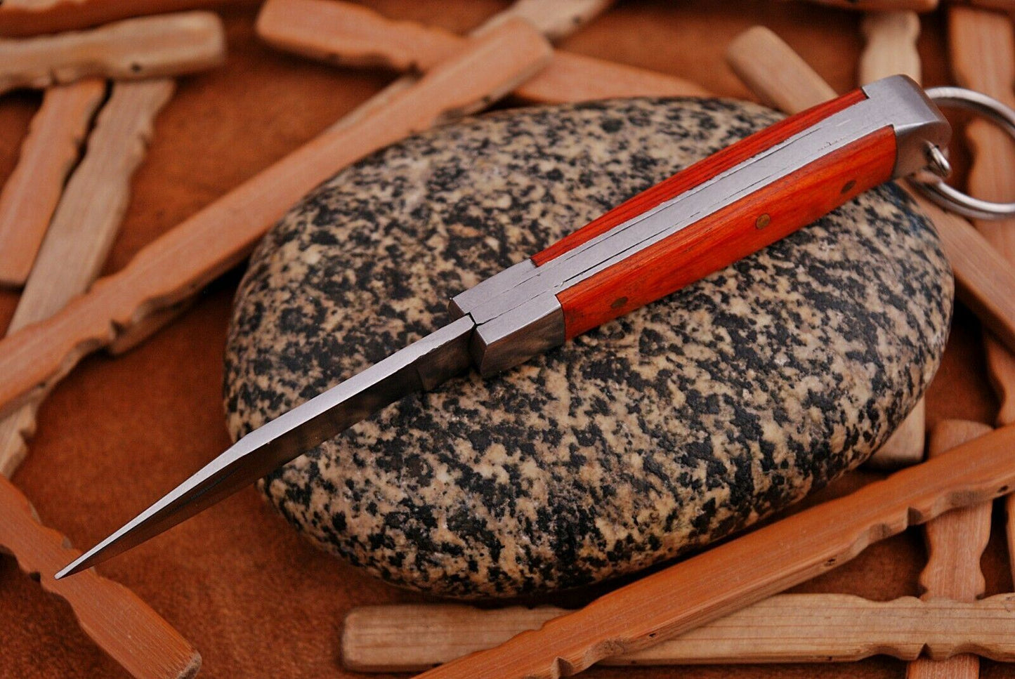 Mini Trapper Handmade Steel Folding Pocket Key Chain Knife "Orange Wood Handle"