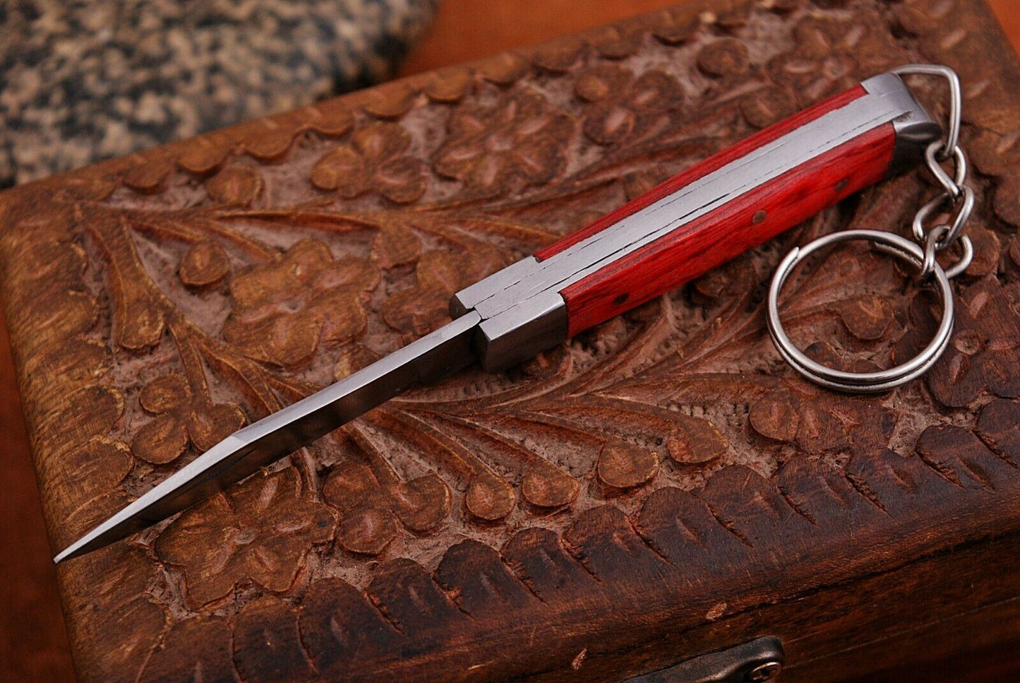 Mini Trapper Handmade Steel Folding Pocket Key Chain Knife "Red Wood Handle"