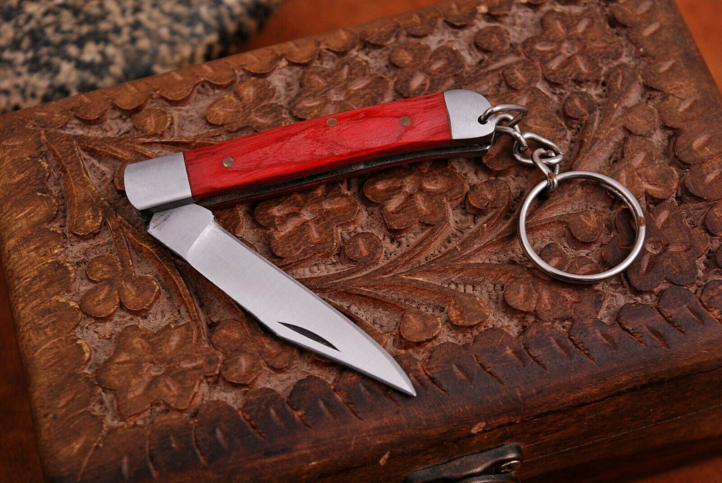 Mini Trapper Handmade Steel Folding Pocket Key Chain Knife "Red Wood Handle"