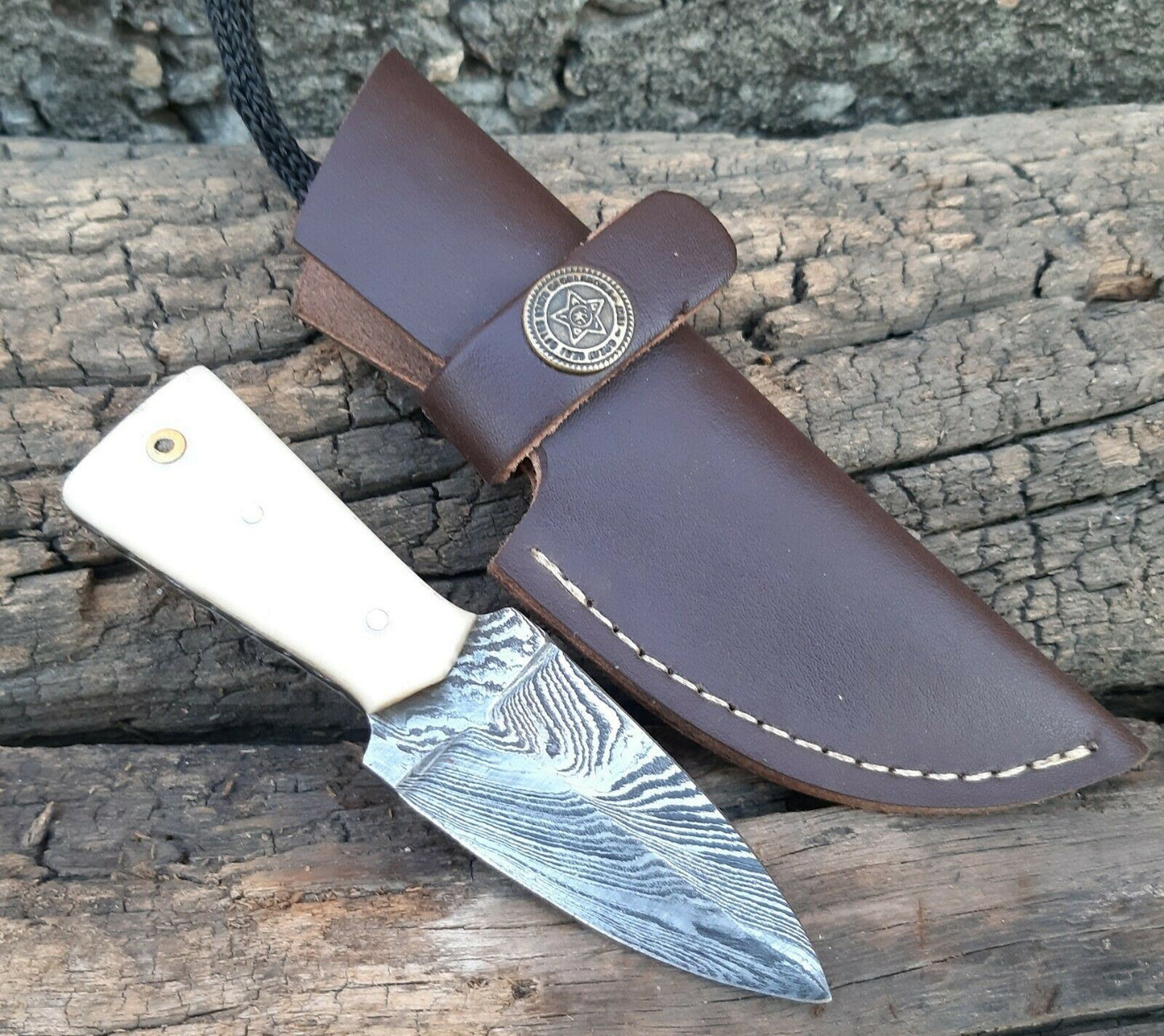 4.5" Handmade Damascus Steel  Mini Neck Dagger Knife "Camel Bone Handle"