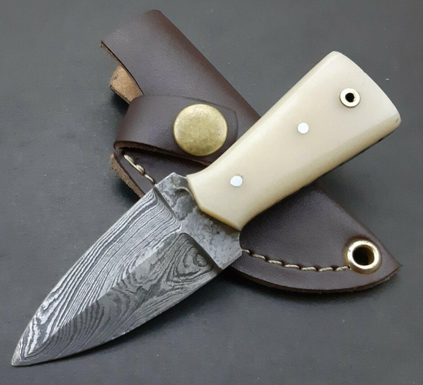 4.5" Handmade Damascus Steel  Mini Neck Dagger Knife "Camel Bone Handle"