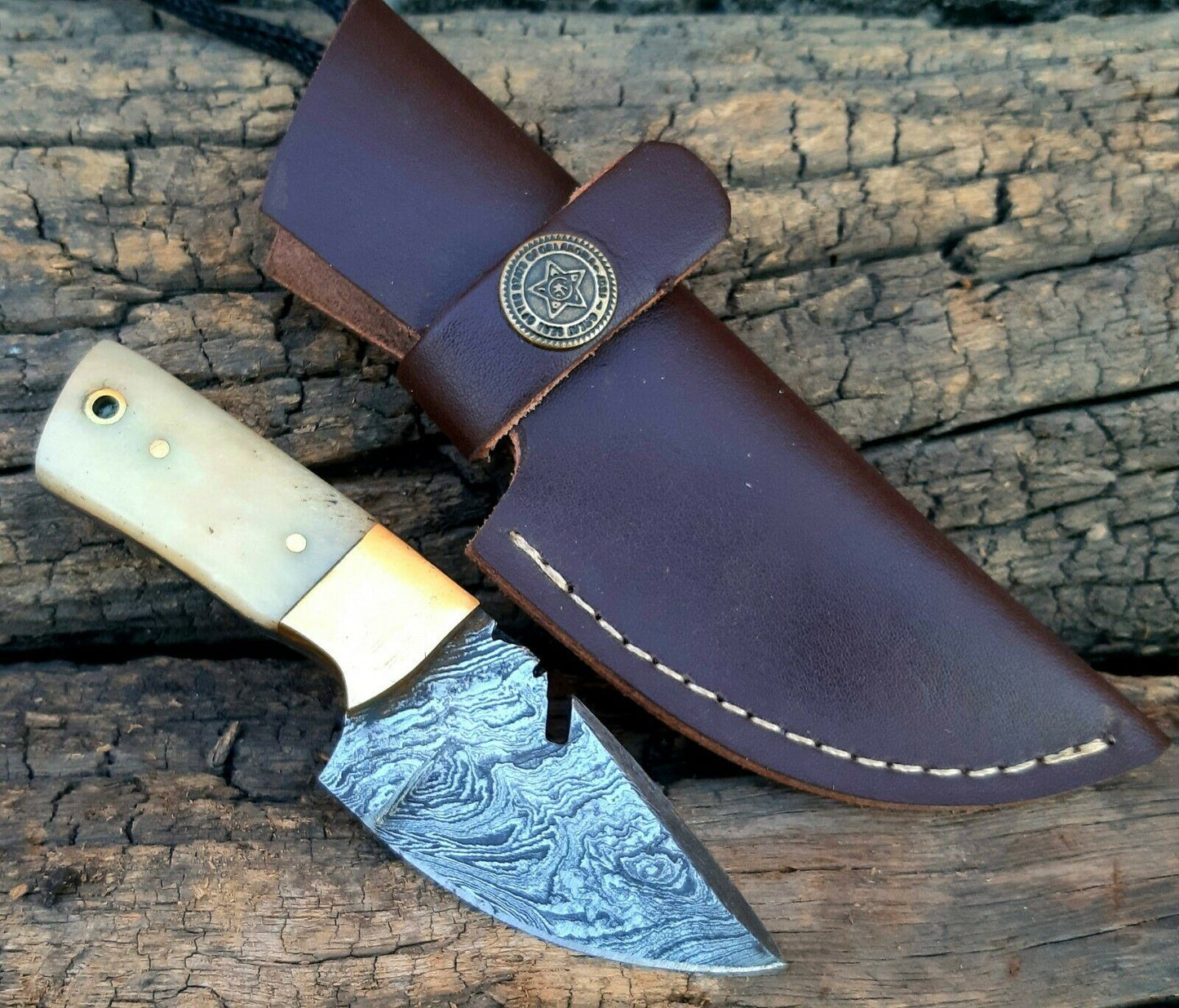 4.5" Handmade Damascus Steel Mini Neck Skinner Knife "Camel Bone Handle"