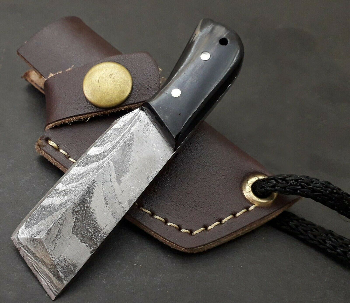 Handmade Damascus Steel Mini Neck Skinner Knife "Buffalo Horn Handle" (8)