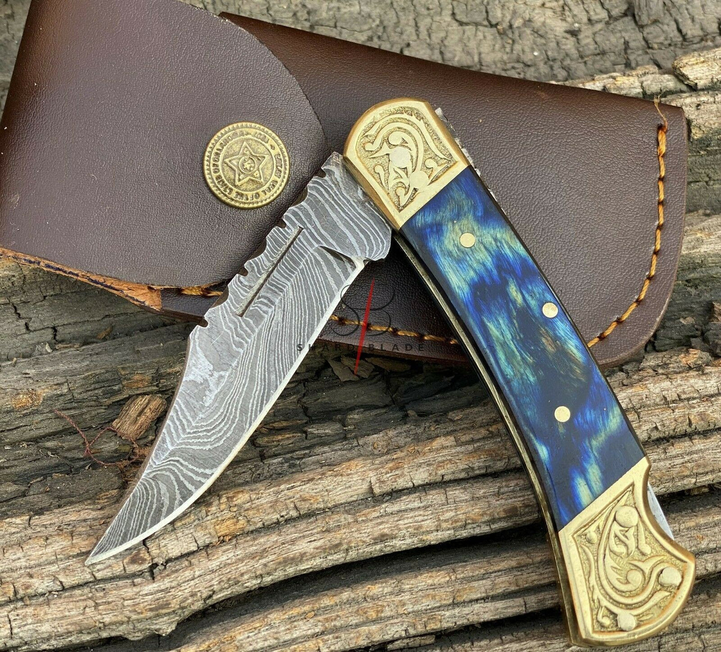 Damascus Steel Folding Pocket Knife Engraved Wood Handle With Leather Sheath