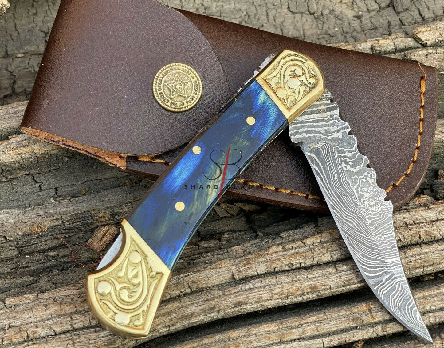 Damascus Steel Folding Pocket Knife Engraved Wood Handle With Leather Sheath