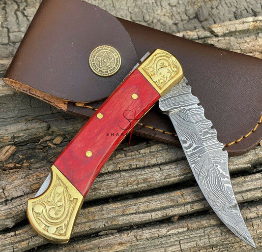 Handmade Damascus Steel Folding Pocket Lockback Knife Engraved Wood Handle