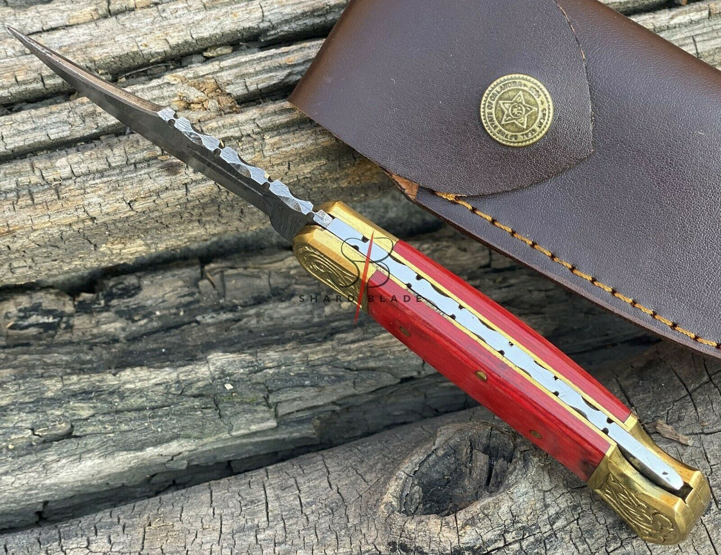 Handmade Damascus Steel Folding Pocket Lockback Knife Engraved Wood Handle
