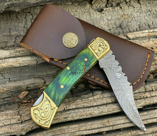 Handmade Damascus Steel Folding Pocket Lockback Knife Engraved Green Handle