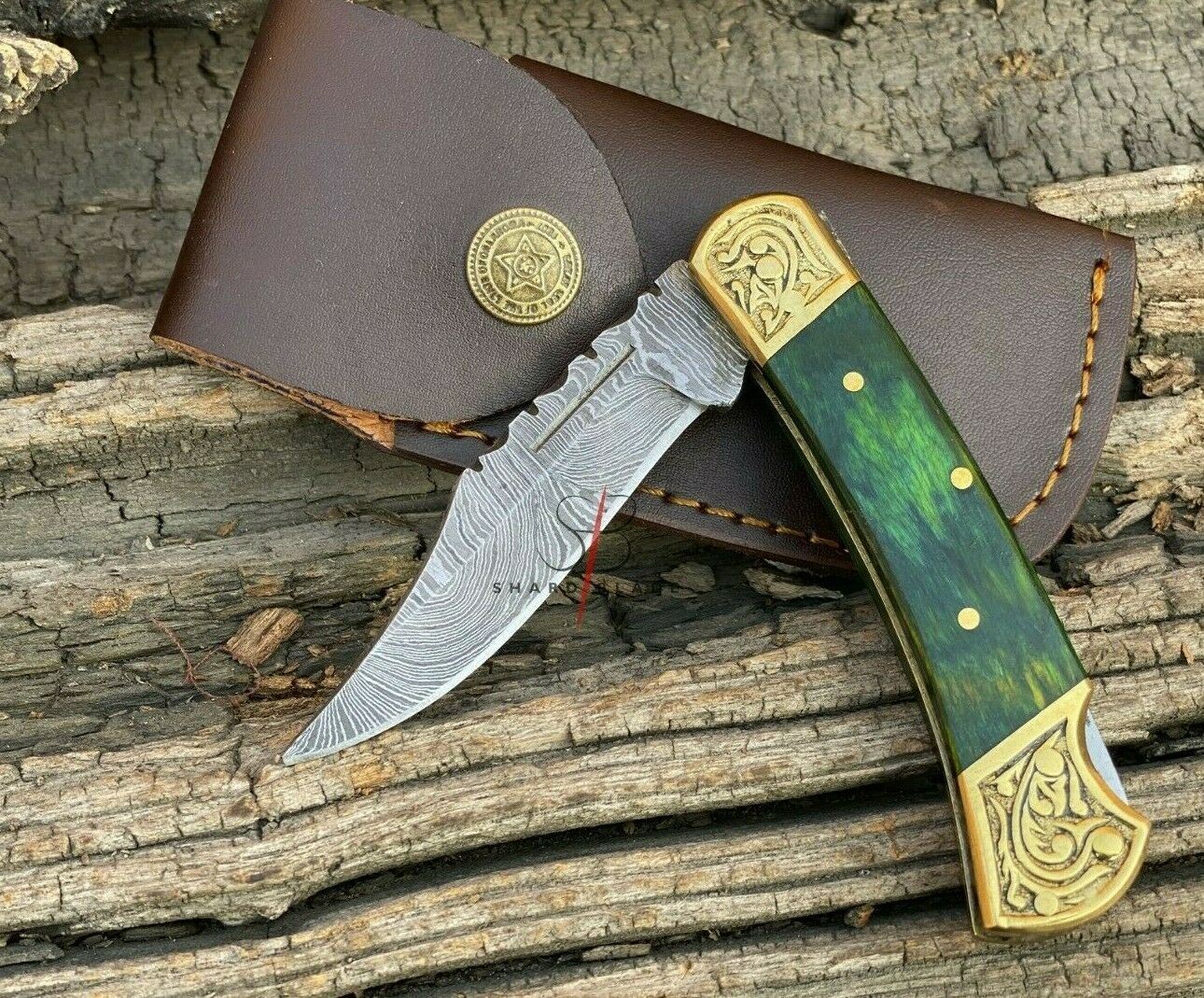 Handmade Damascus Steel Folding Pocket Lockback Knife Engraved Green Handle