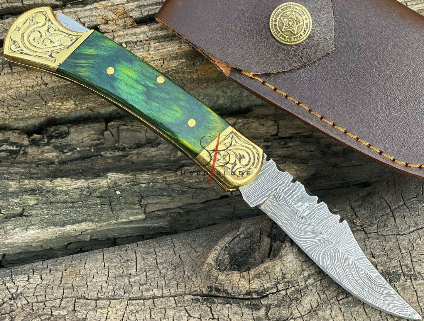 Handmade Damascus Steel Folding Pocket Lockback Knife Engraved Green Handle