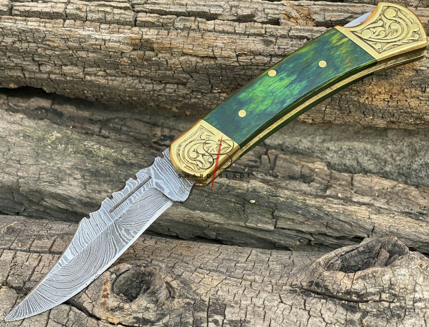 Handmade Damascus Steel Folding Pocket Lockback Knife Engraved Green Handle