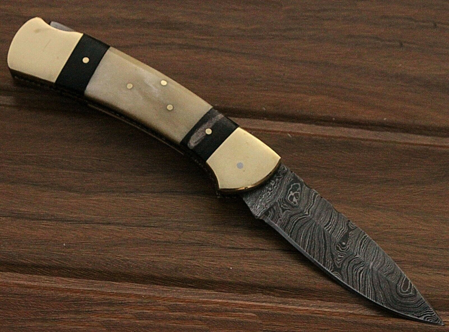 HAND FORGED Damascus Steel BackLock Folding Pocket Knife Bone Handle with Sheath