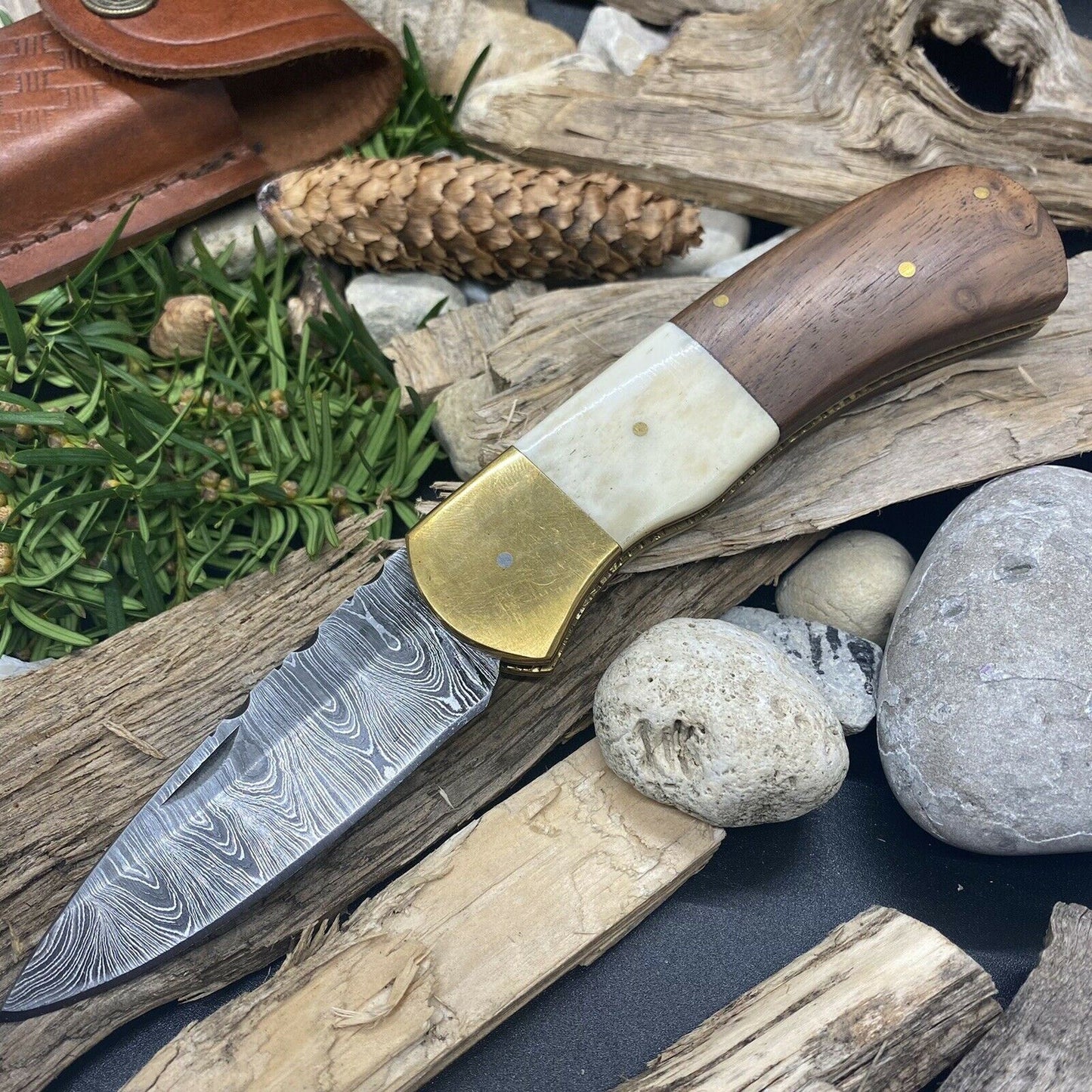 HAND FORGED Damascus Steel Folding Pocket Knife Bone Handle with Sheath(169B)