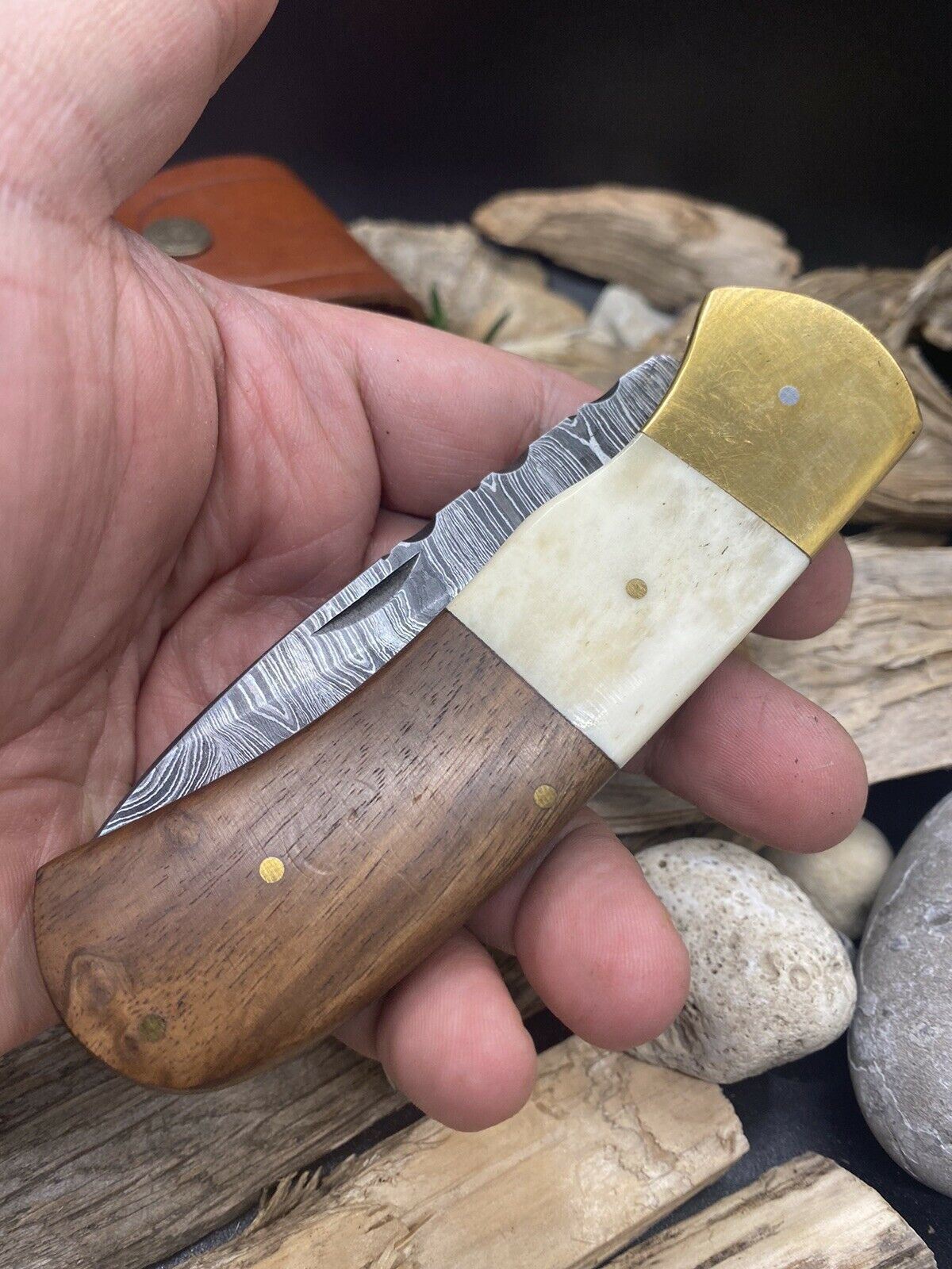 HAND FORGED Damascus Steel Folding Pocket Knife Bone Handle with Sheath(169B)
