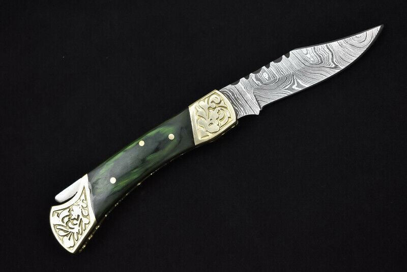 HAND FORGED DAMASCUS Steel Folding Lockback Pocket Knife Engraved Wood Handle