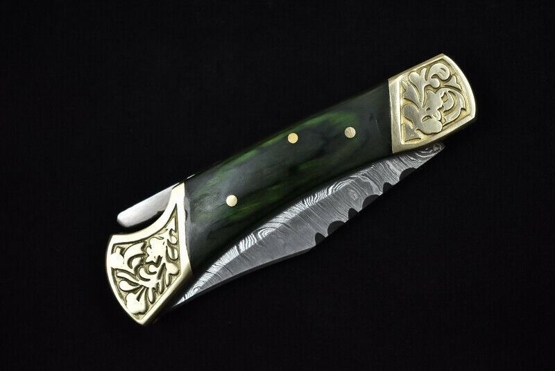 HAND FORGED DAMASCUS Steel Folding Lockback Pocket Knife Engraved Wood Handle