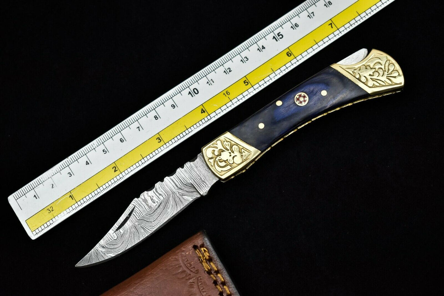 HAND FORGED DAMASCUS Steel Folding Lockback Pocket Knife Engraved Brass Handle