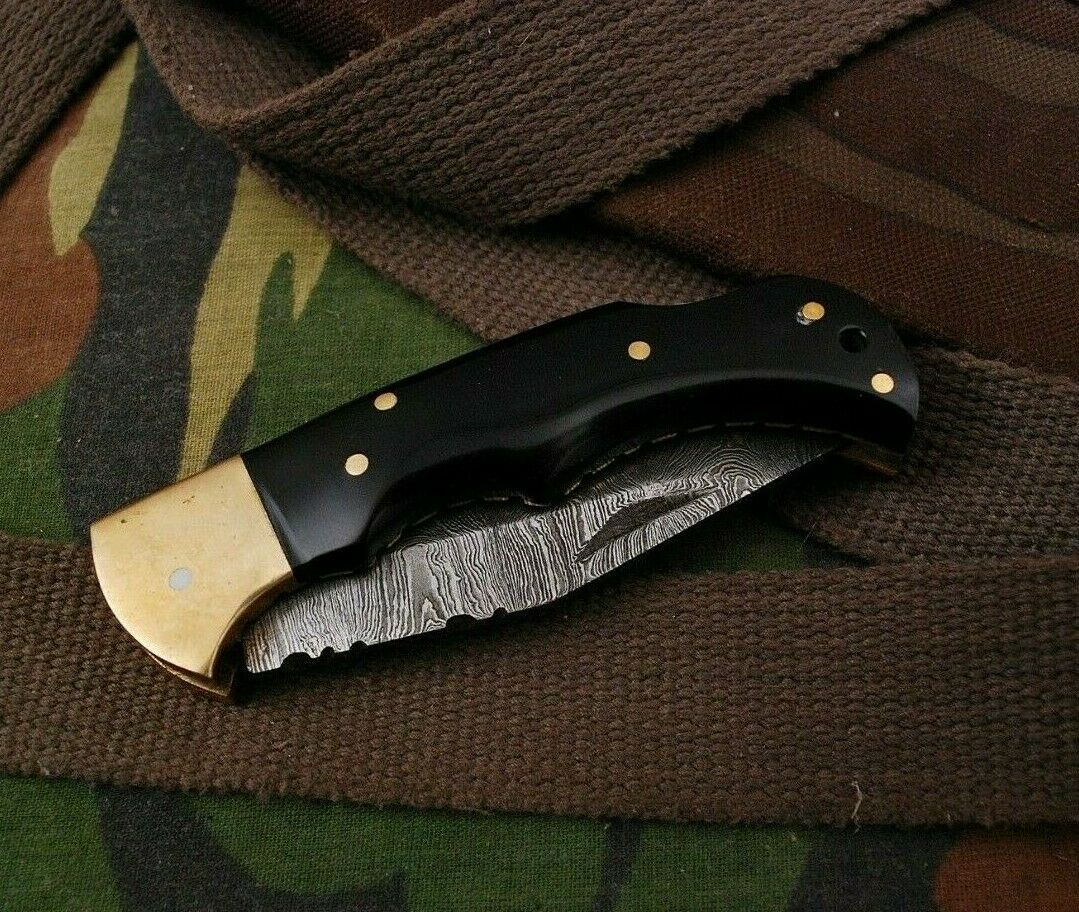 CUSTOM HAND FORGED DAMSACUS Steel Back Lock Folding Pocket Knife Horn Handle
