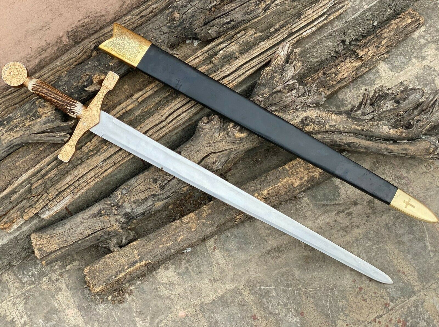 King Arthur Excalibur Longsword - Replica Medieval Knights Sword Stag Handle