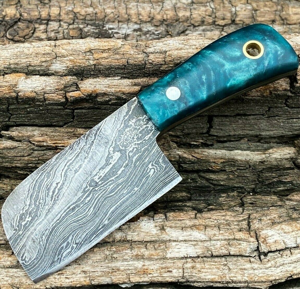 HAND FORGED DAMASCUS Steel Mini Neck Cleaver Knife with Sheath W/ Resin Handle