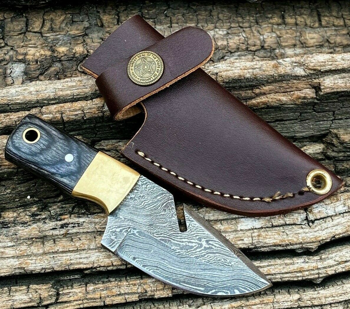 4.5" Handmade Damascus Steel Mini Gut Hook Neck Knife "Wood Handle" With Sheath