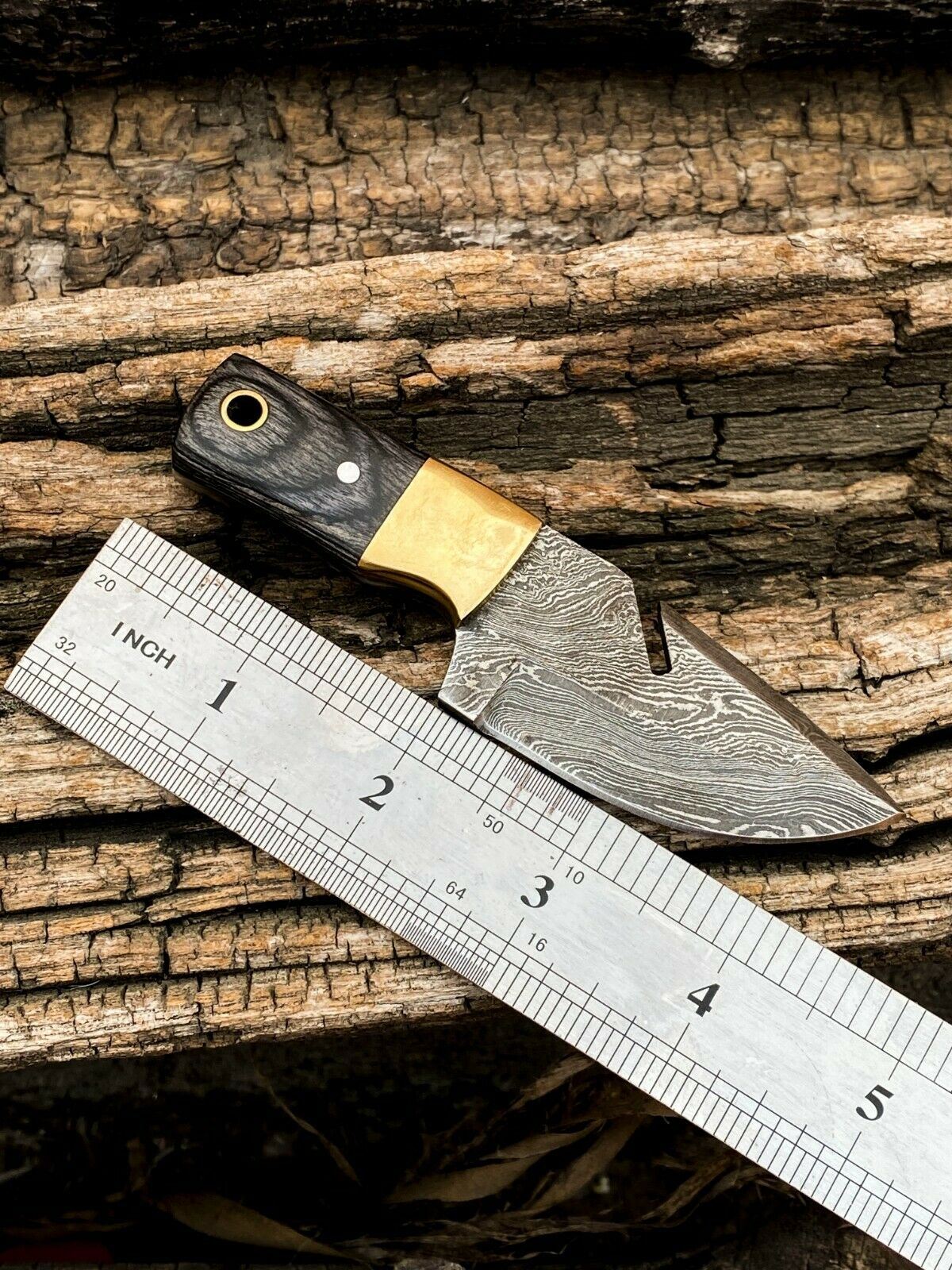 4.5" Handmade Damascus Steel Mini Gut Hook Neck Knife "Wood Handle" With Sheath