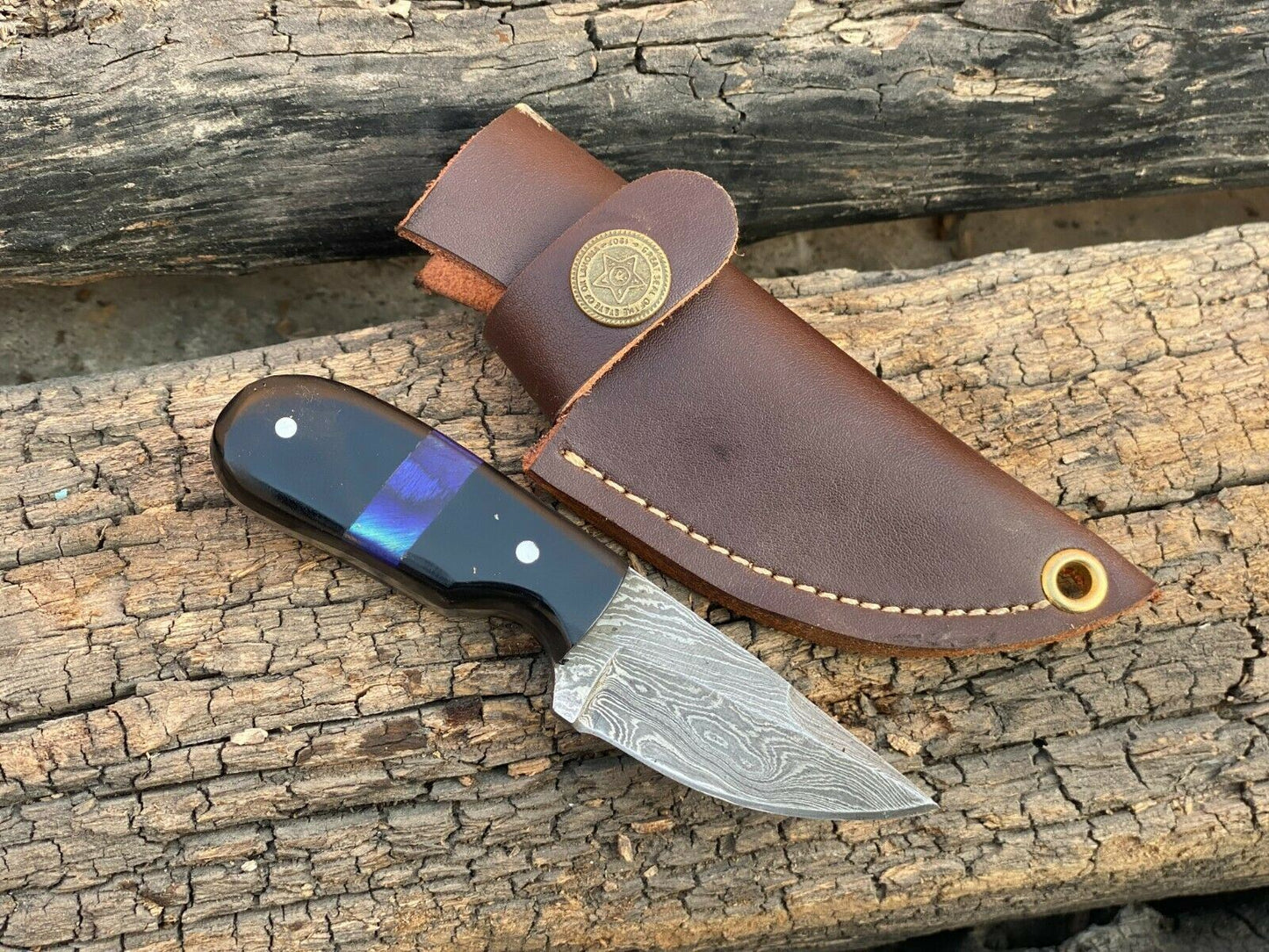 4.5" Handmade Forged Damascus Steel EDC Mini Neck Knife"Buffalo Horn Handle