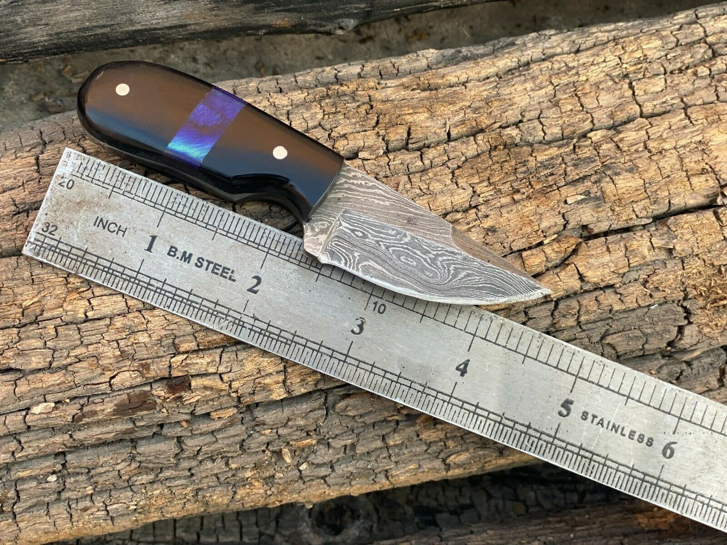 4.5" Handmade Forged Damascus Steel EDC Mini Neck Knife"Buffalo Horn Handle
