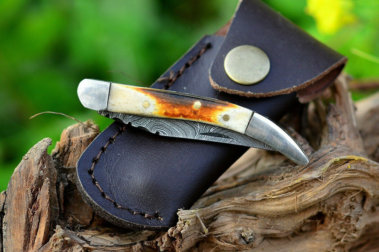 Texas Toothpick Handmade Damascus Steel Folding Pocket Knife "Burnt Bone Handle"