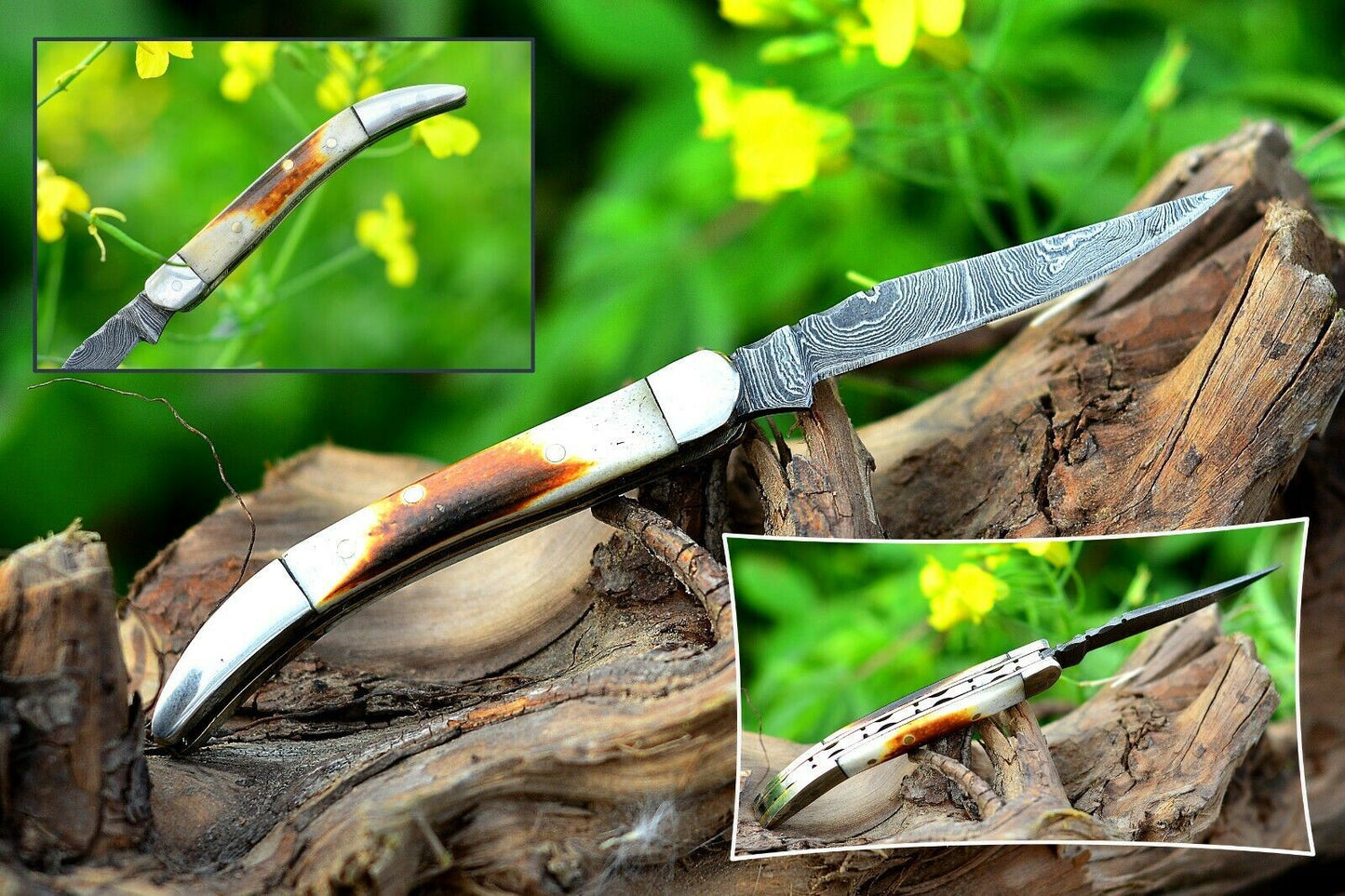 Texas Toothpick Handmade Damascus Steel Folding Pocket Knife "Burnt Bone Handle"