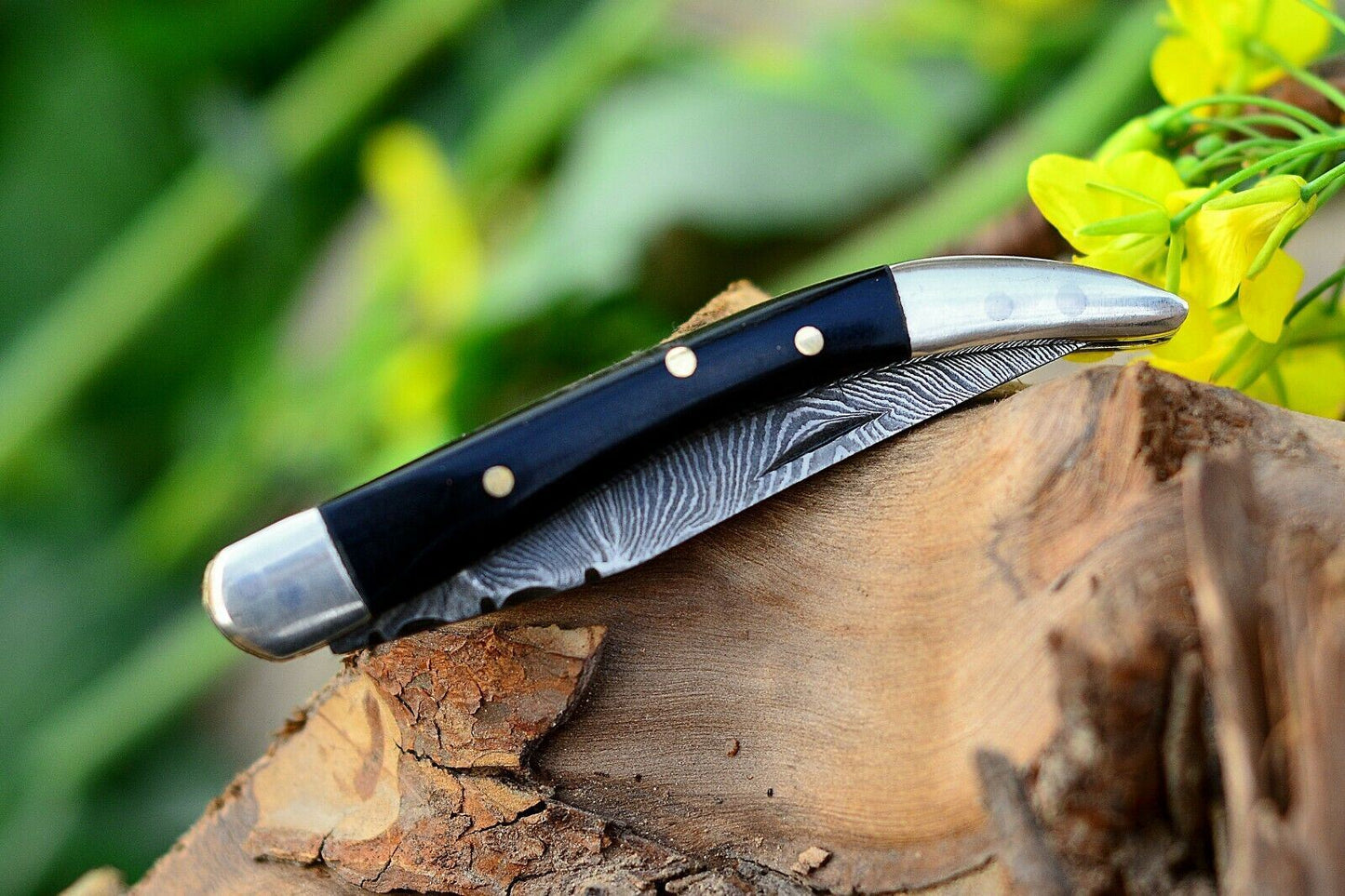 Texas Toothpick Handmade Damascus Steel Folding Pocket Knife Buffalo Horn Handle