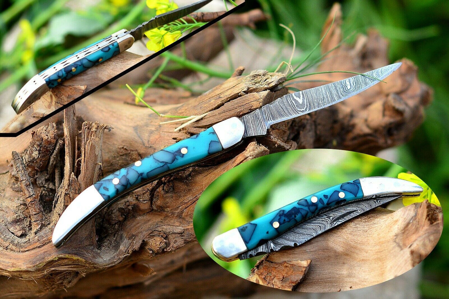 Texas Toothpick Handmade Damascus Steel Folding Pocket Knife "Resin Handle"