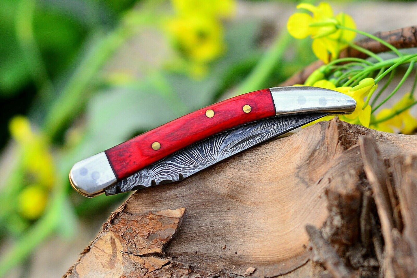 Texas Toothpick Handmade Damascus Steel Folding Pocket Knife "Red Wood Handle"