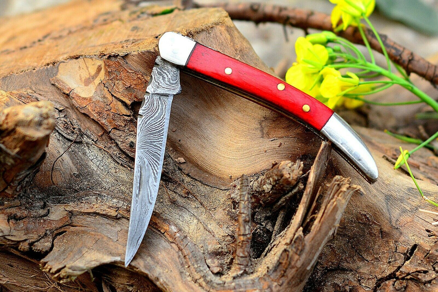 Texas Toothpick Handmade Damascus Steel Folding Pocket Knife "Red Wood Handle"