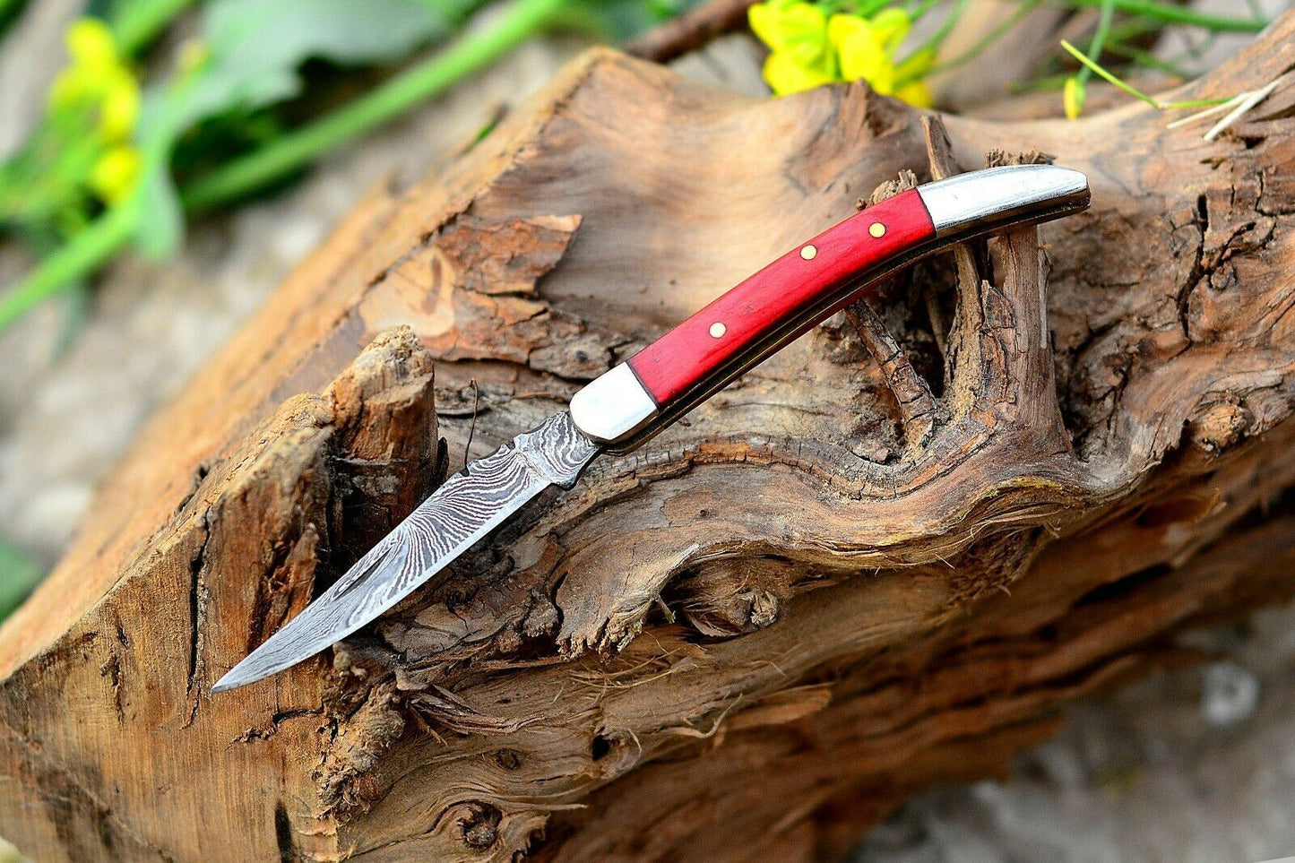 Texas Toothpick Handmade Damascus Steel Folding Pocket Knife "Red Wood Handle"