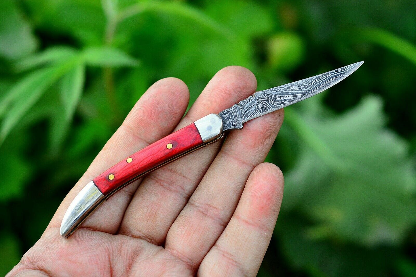Texas Toothpick Handmade Damascus Steel Folding Pocket Knife "Red Wood Handle"