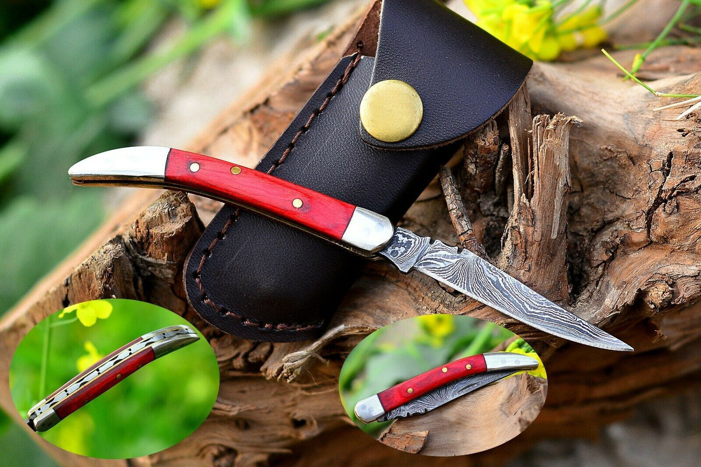 Texas Toothpick Handmade Damascus Steel Folding Pocket Knife "Red Wood Handle"