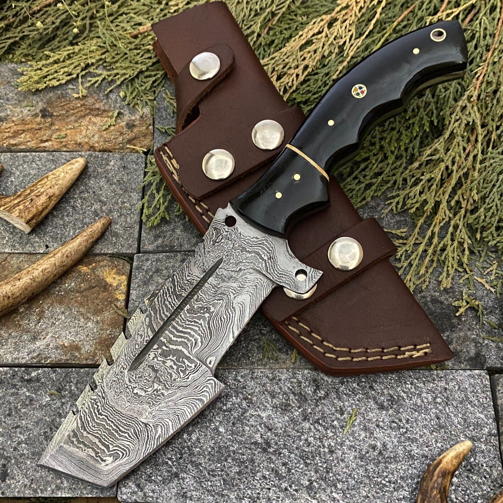 SHARDBLADE CUSTOM HAND FORGED DAMASCUS STEEL TRACKER HUNTING KNIFE WIT ...