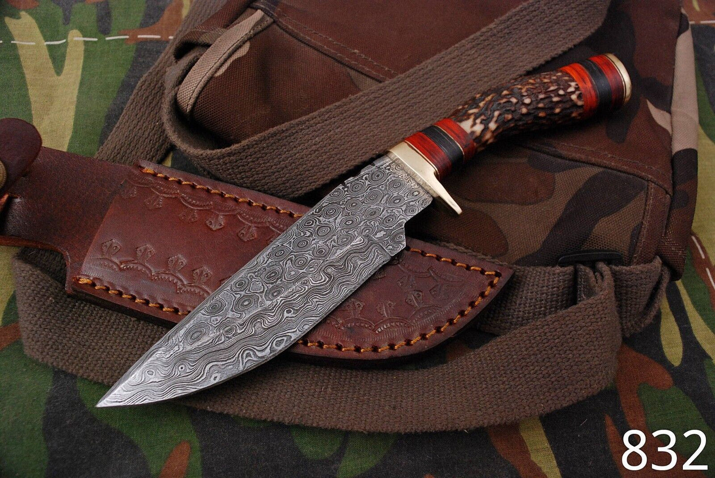SHARDBLADE 10" HAND FORGED DAMASCUS Steel Hunting Knife Stag/Antler Brass Guard