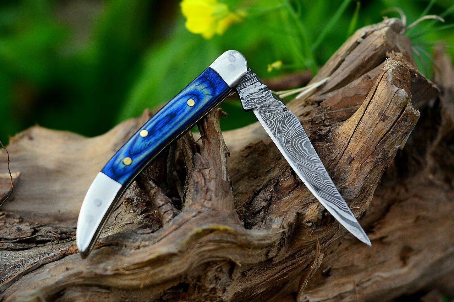 Texas Toothpick Handmade Damascus Steel Folding Pocket Knife "Blue Wood Handle"