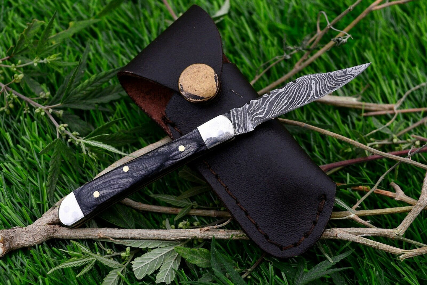 Mini Trapper Pocket Knife Handmade Damascus Steel Folding Knife With Sheath