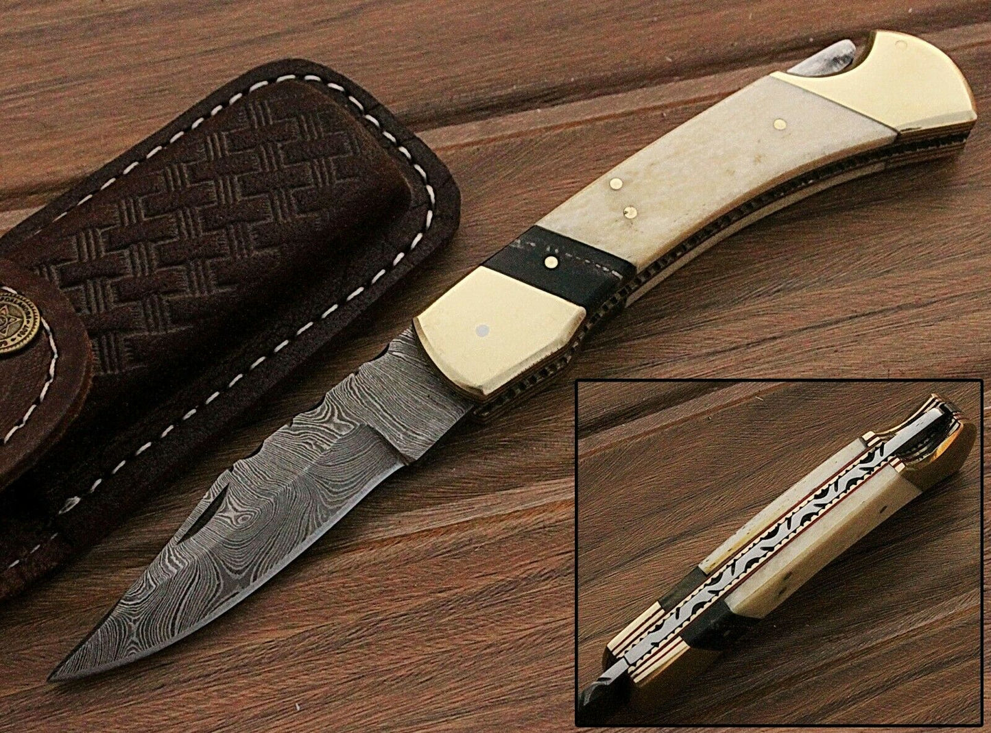 Custom HAND FORGED Damascus Steel Back Lock Folding Pocket Knife Bone Handle