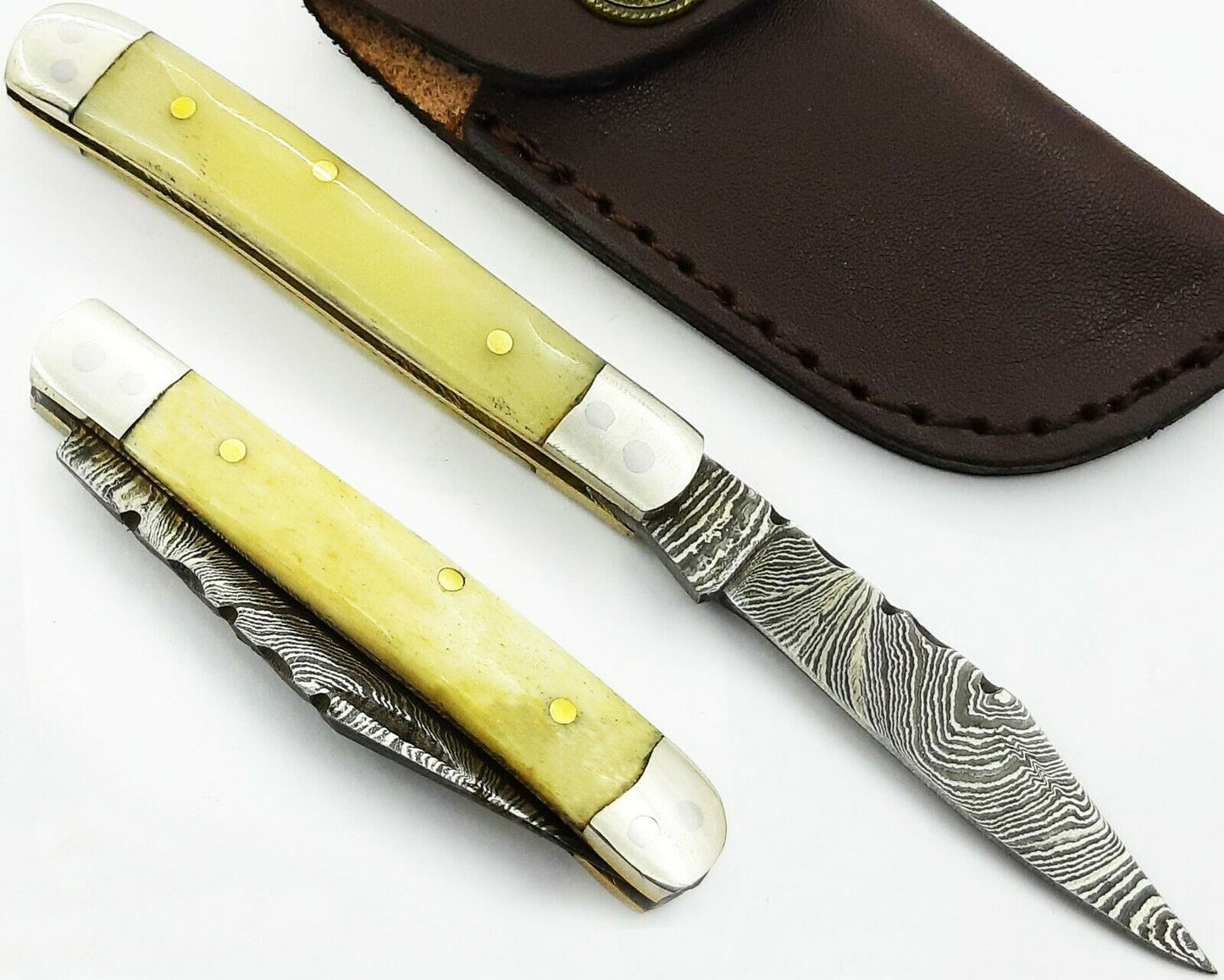 Mini Trapper Pocket Knife Folding Handmade Damascus Steel  "Camel Bone Handle"