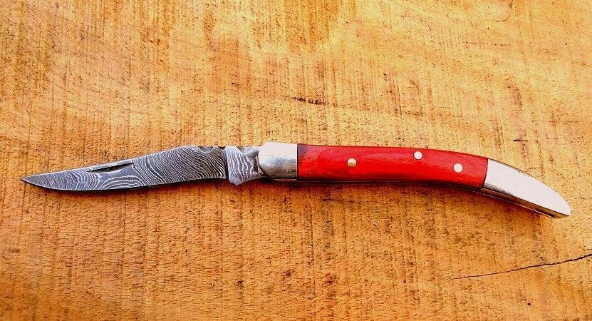 Custom Handmade Damascus Steel Texas Toothpick Folding Pocket Knife With Sheath